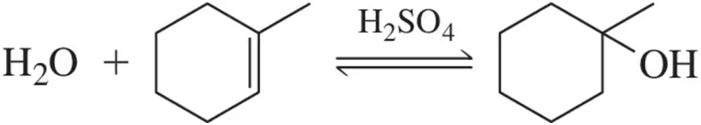 Chemical equation illustrating acid-catalyzed hydration with water, sulfuric acid, and an alcohol product.