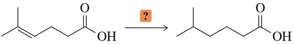 Chemical reaction diagram showing the reduction of an alkene in the presence of a carboxylic acid, with a question mark indicating uncertainty.