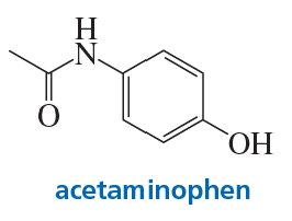 Chemical structure of acetaminophen, featuring a benzene ring with an amine and hydroxyl group.