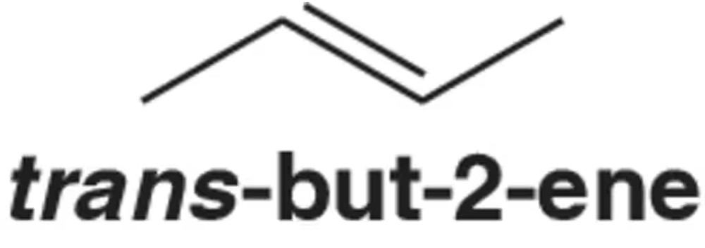 Molecular structure diagram of trans-but-2-ene with the name labeled below.