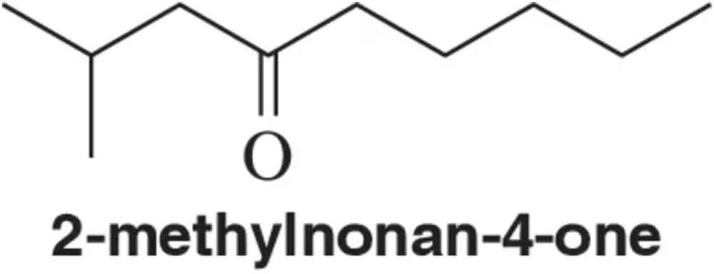 Chemical structure of 2-methylnonan-4-one, showing a ketone group on a nine-carbon chain with a methyl branch.