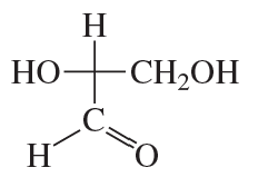 Structural representation of D-glyceraldehyde with labeled hydroxyl and hydrogen groups.