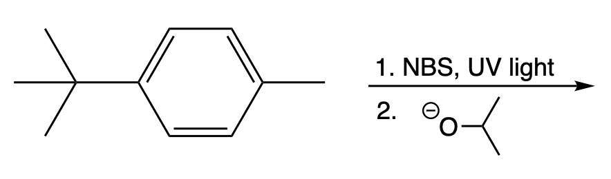 Chemical reaction diagram showing a reaction sequence with NBS and UV light.