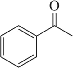 Chemical structure of acetophenone, showing a benzene ring attached to a carbonyl group.