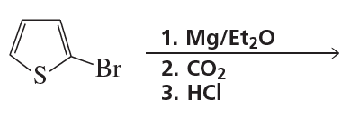 Chemical reaction diagram showing a compound with bromine and sulfur, followed by reagents and reaction steps.