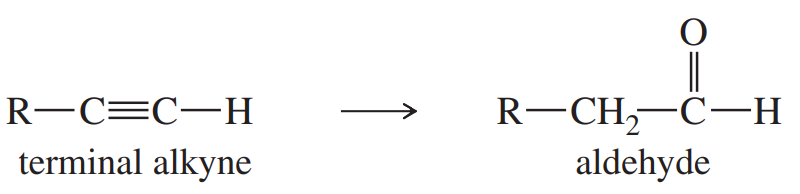 Reaction diagram showing the conversion of a terminal alkyne to an aldehyde with structural formulas labeled.