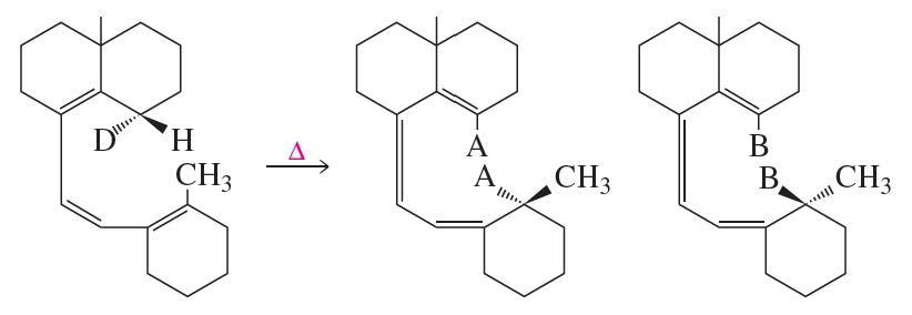 Illustration of a [1,7] sigmatropic rearrangement showing products from hydrogen and deuterium migration, labeled A and B.