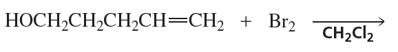 Chemical reaction showing the addition of Br2 to an alkene, producing a halohydrin in dichloromethane.