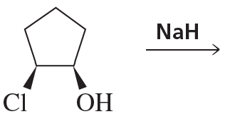 Chemical structure showing a cyclohexane with Cl and OH groups, and NaH as a reagent for intramolecular reactions.