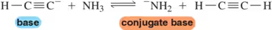 Chemical reaction showing a base and its conjugate base, with arrows indicating reaction direction and highlighting key components.