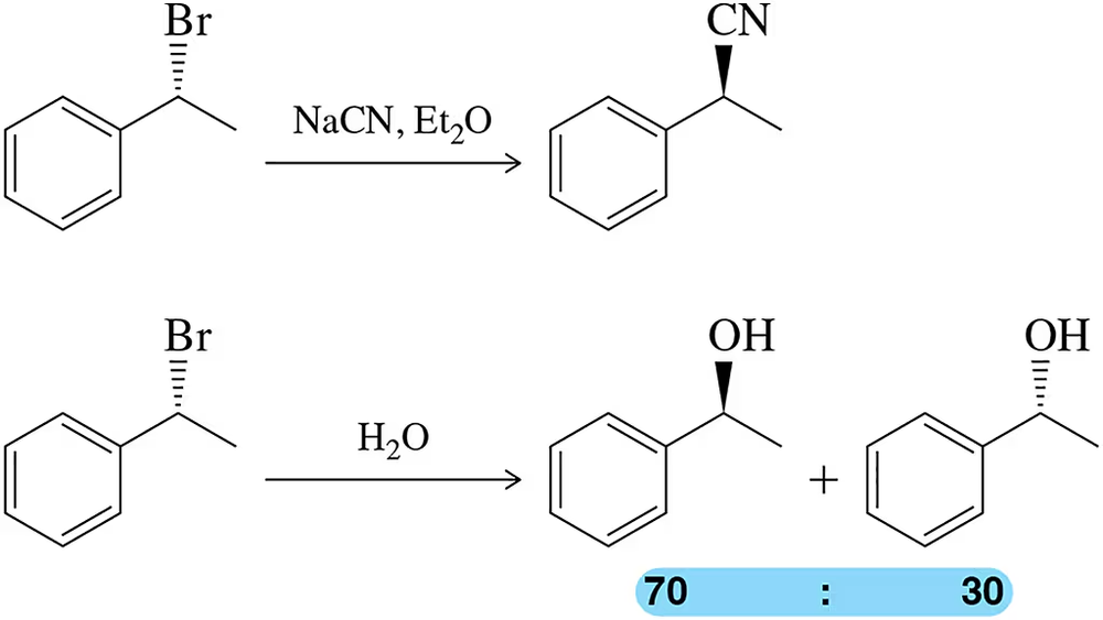 Chemical reaction diagram showing (R)-(1-bromoethyl)benzene reacting with sodium cyanide and water, producing enantiomers.