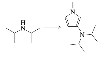 Chemical reaction diagram showing transformation of an amine to a heterocyclic compound with two nitrogen atoms.