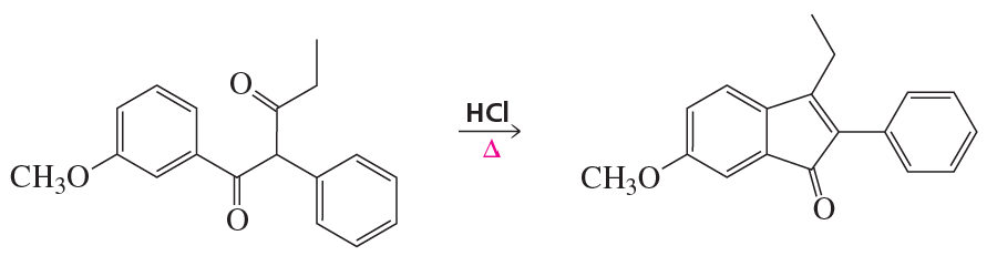Chemical reaction diagram showing reactants and products with HCl catalyst and heat symbol.