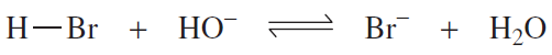Chemical equation illustrating an acid-base reaction with nucleophile and electrophile identified.