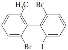 Chemical structure of a biphenyl compound with bromine and iodine substituents, illustrating chirality concepts.
