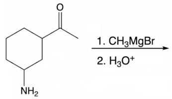 Chemical reaction showing Grignard reagent addition to a ketone with amine group.