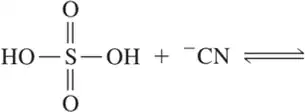 Chemical equation illustrating the reaction between a sulfonic acid and a cyanide ion.