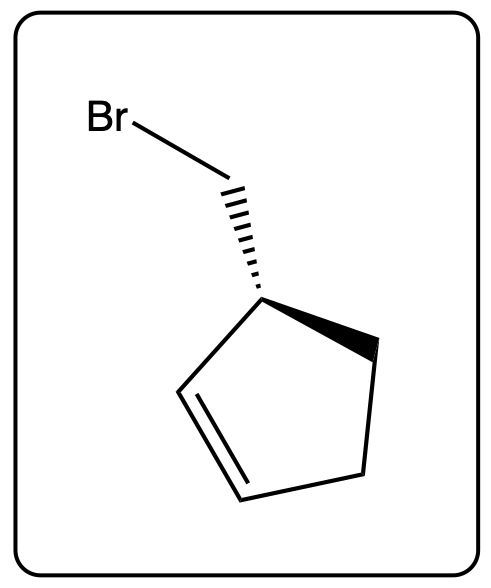 Wedge and dash bond representation of (R)-3-(bromomethyl)cyclopent-1-ene.