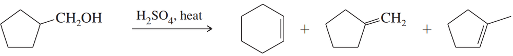 Chemical reaction diagram showing dehydration of an alcohol to form alkenes, with reactants and products labeled.
