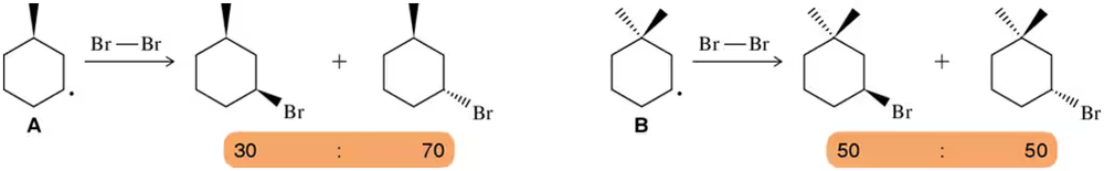 Chemical reactions A and B show different product ratios from free radical halogenation, with A yielding 30:70 and B 50:50.