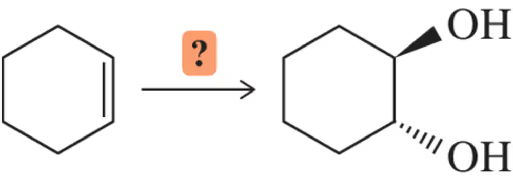 Chemical reaction diagram showing a hexagonal ring structure converting to a trans-diol with hydroxyl groups added.