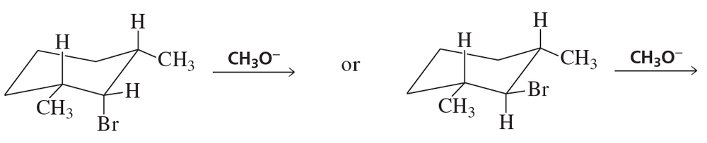 Two molecular structures showing elimination reactions with CH3O- as a reactant, comparing two pairs of reactants.