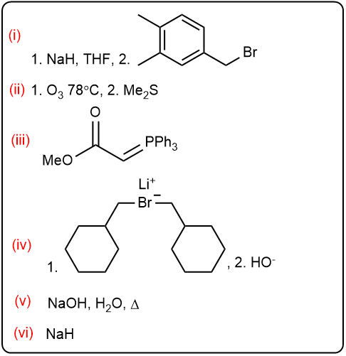 Stepwise reagents for a multistep organic synthesis with numbered chemical reactions and conditions.