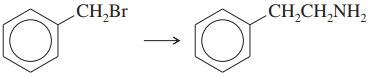 Chemical reaction showing the conversion of bromomethylbenzene to ethylamine-substituted benzene.