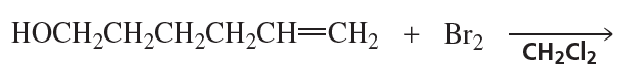 Chemical reaction showing the addition of Br2 to an alkene, resulting in a halohydrin product.