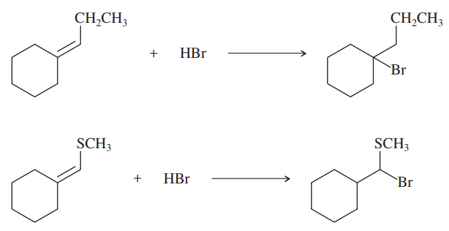 Two chemical reactions showing different regiochemistry with reactants and products labeled, involving alkenes and HBr.