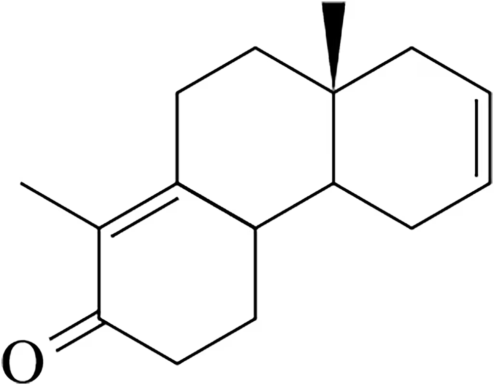Chemical structure of a molecule illustrating synthesis via Robinson annulation, featuring hexagonal rings and functional groups.