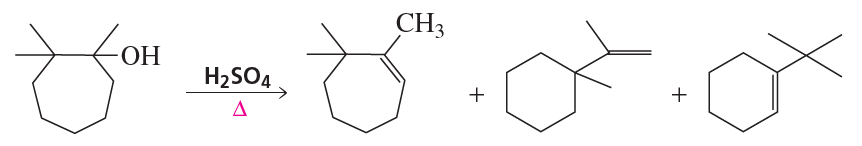 Dehydration reaction of a seven-membered ring alcohol producing three alkenes with sulfuric acid as a catalyst.