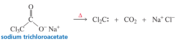 Reaction mechanism showing sodium trichloroacetate converting to dichlorocarbene, carbon dioxide, and sodium chloride.