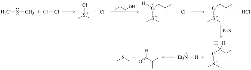 Swern oxidation reaction mechanism showing dimethyl sulfoxide, oxalyl chloride, and triethylamine with intermediate structures.