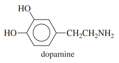 Chemical structure of dopamine, a neurotransmitter, showing its hydroxyl and amine functional groups.