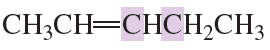 Structural formula of butene, highlighting the carbon–carbon double bond and indicating orbital involvement.