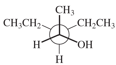Newman projection of a molecule showing carbon and hydrogen atoms with specific substituents and their arrangement.