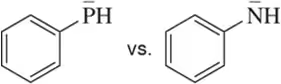 Chemical structures comparing a phenyl anion and an aniline, illustrating acidity and basicity concepts.