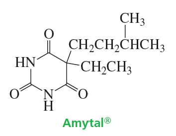 Chemical structure of amobarbital, a sedative, labeled with the trade name Amytal.