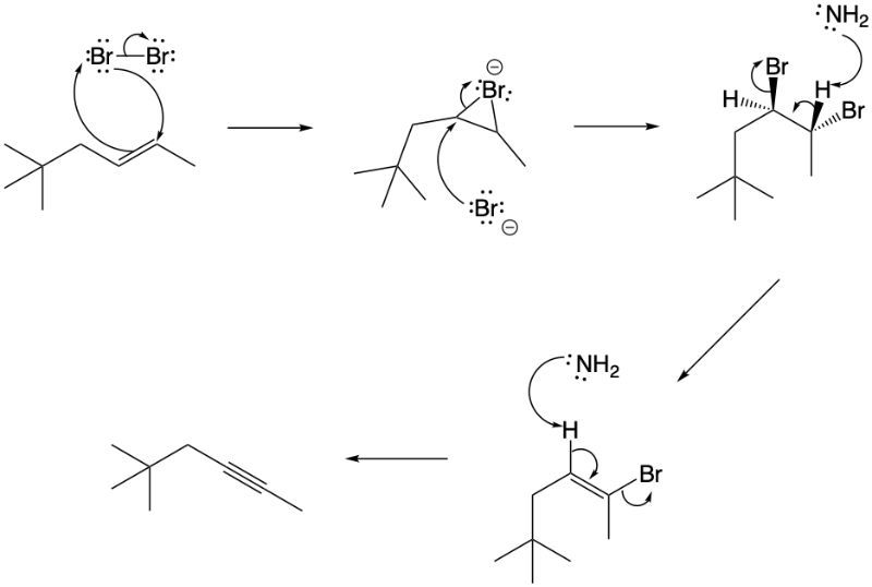 Detailed reaction mechanism illustrating the steps to synthesize an alkyne from an alkene.