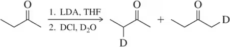 Chemical reaction diagram showing enolate alkylation with deuterium substitution at the alpha-carbon.
