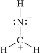 Lewis structure showing a nitrogen atom with a negative charge and a carbon atom with a positive charge, surrounded by hydrogen atoms.