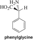 Chemical structure of phenylglycine showing its amino and carboxyl groups with stereochemistry indicated.