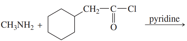 Chemical reaction showing CH3NH2 and a compound with a carbonyl and chlorine, with pyridine as a reagent.