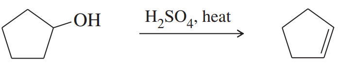 Chemical reaction diagram showing a pentanol converting to an alkene with sulfuric acid and heat as catalysts.