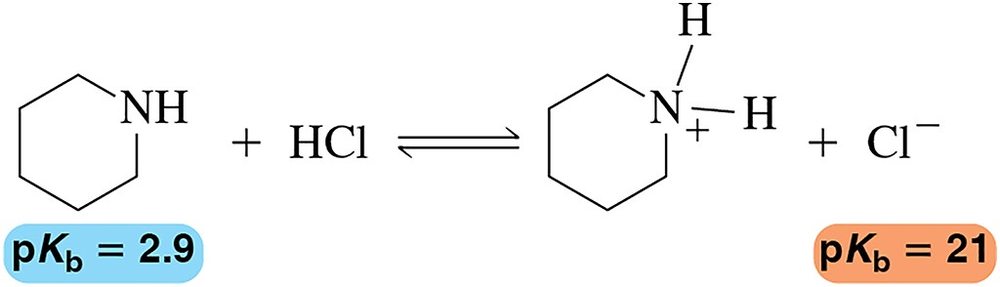 Chemical reaction diagram showing a base reacting with HCl, with pKb values labeled for each species.