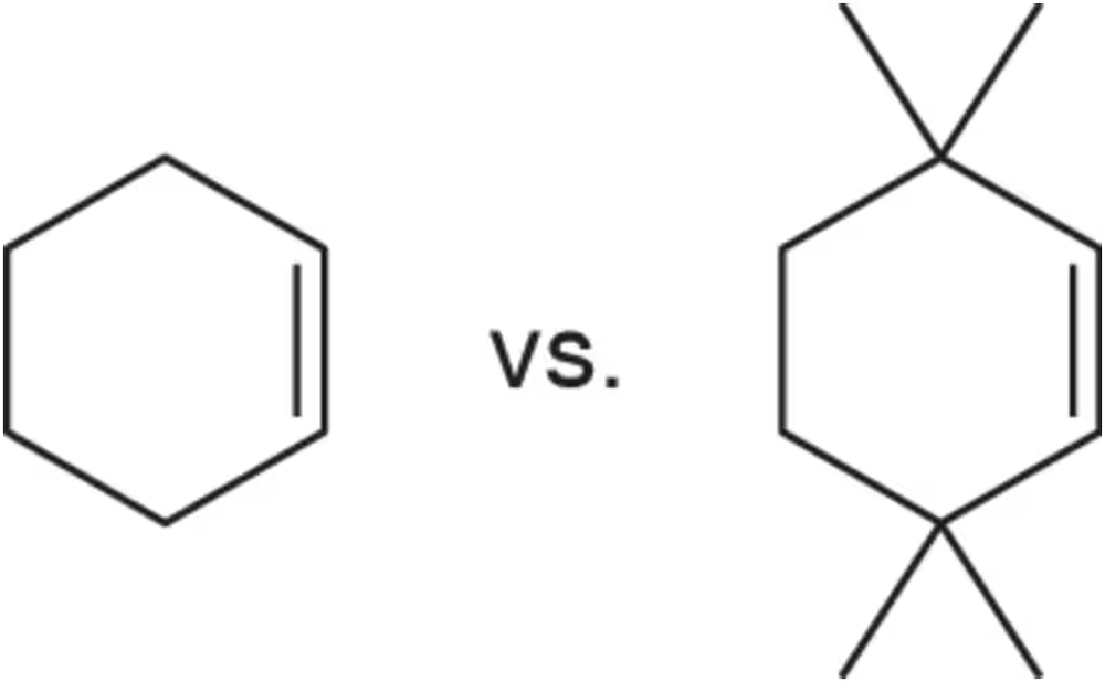 Two chemical structures of alkenes side by side, with "vs." text in the center, comparing their reactivity.