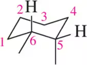 Chair conformation diagram showing numbered carbon atoms and hydrogen atoms for cis and trans isomer comparison.