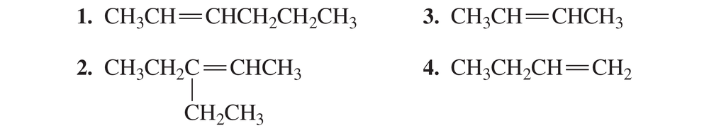 Chemical structures of four compounds, with labels indicating their potential for cis-trans isomerism.