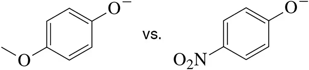 Comparison of two phenoxide structures, one with a nitro group and one without, questioning nucleophilicity.